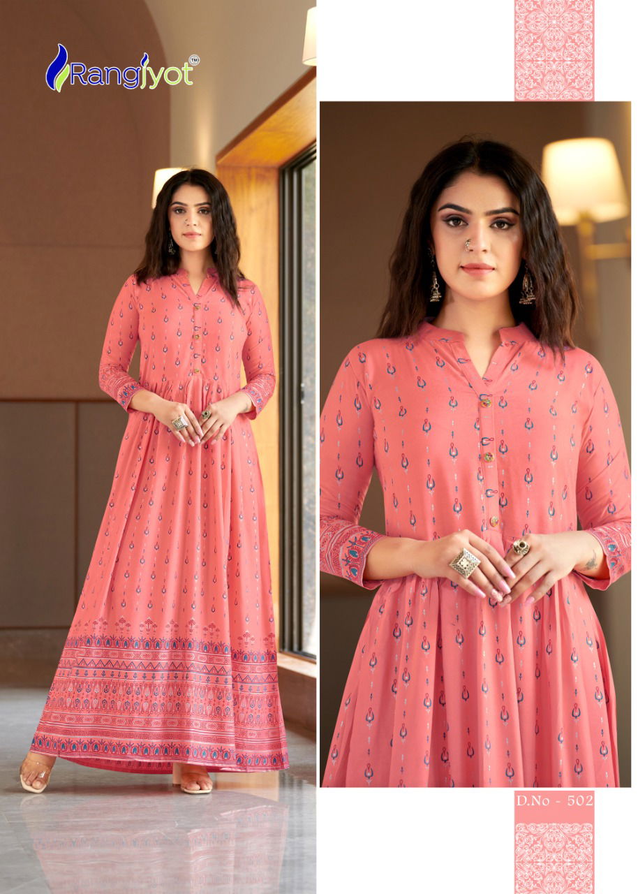 Rangjyot Sehnaaz 5 Fancy Ethnic Wear Rayon Printed Long Anarkali Kurti Collection